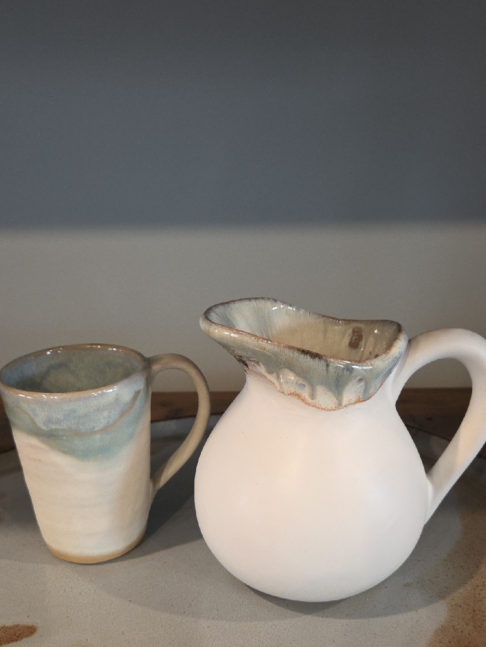 Etta B Handmade White Pottery Pitcher And Mug with Soft Blue-Green Glaze